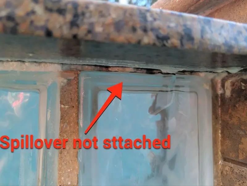 Spa spillover edge with an arrow showing it is not attached