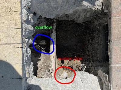 Open hole with the overflow and suction lines marked