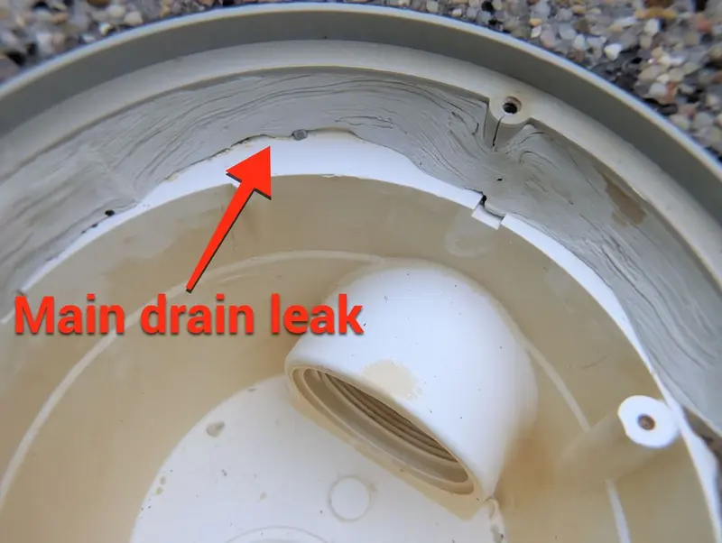 Main drain housing with an arrow pointing to a leak