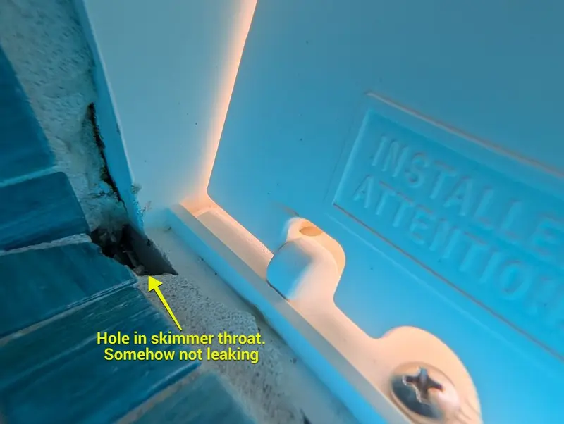 Hole in a pool skimmer throat