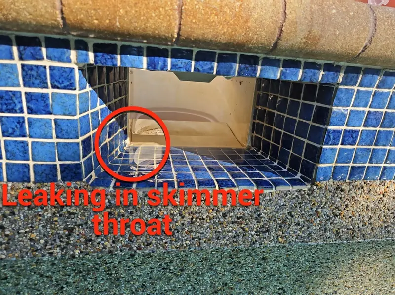 Skimmer opening in blue tile with a circle around a leak