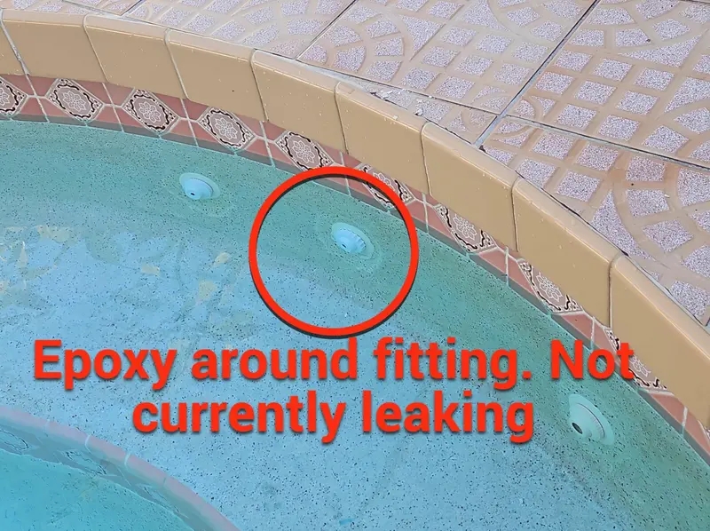 Pool fitting circled with a note that the old epoxy is not leaking