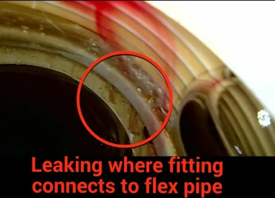 Camera view inside a return line where the fitting meets flex pipe